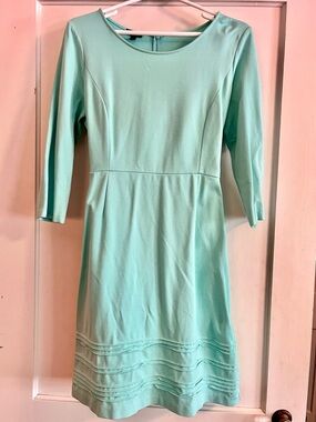 Talbots Mint Green Three-Quarter Sleeve Fit-and-Flare Dress with Textured Stripe
